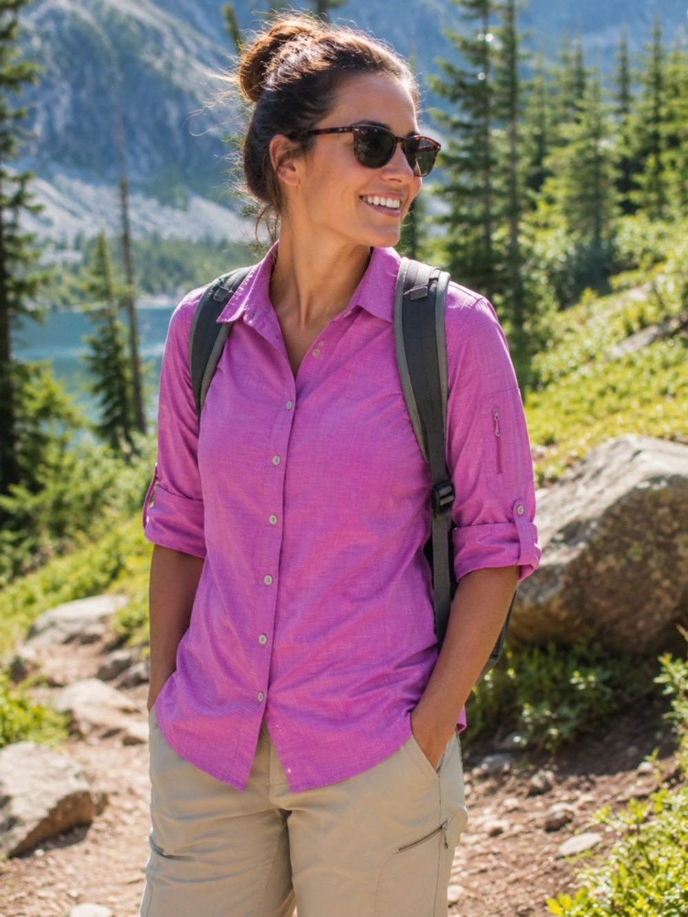 ExOfficio Insect Shield Womens Hiking Travel Shirt Pink Roll Tab Outdoor